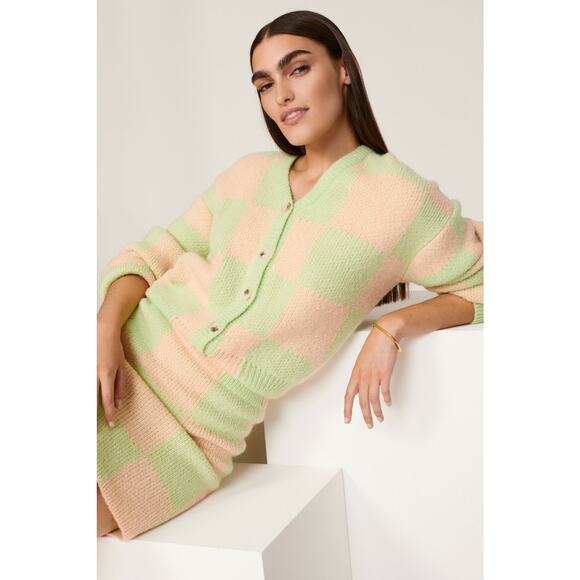 Stine Goya Amara Checker Pastel Green Peach Alpaca Knit Cardigan Sweater Medium - Picture 2 of 15